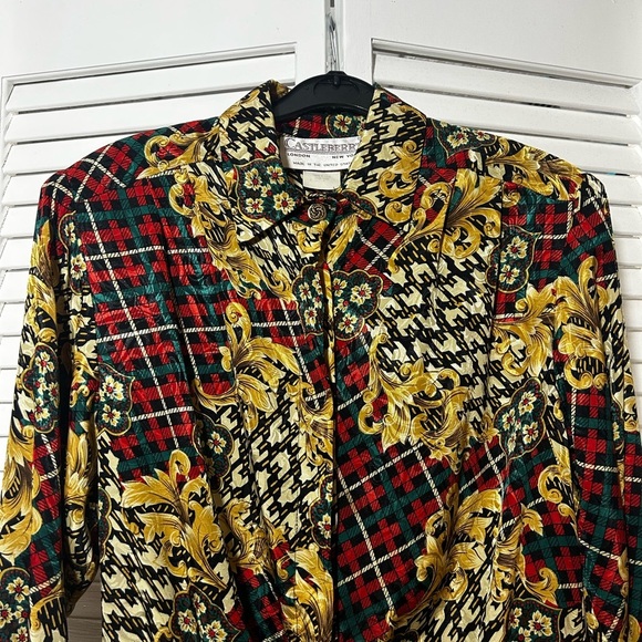 Vintage Castleberry Plaid And Gold Womens V-Neck Blouse Long Sleeve USA Size 12 - Picture 2 of 12